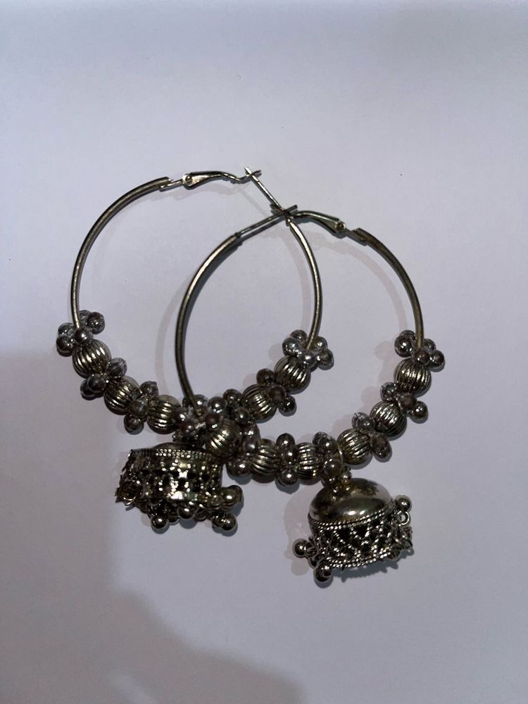 Elegant Silver Hoop Jhumka Earrings