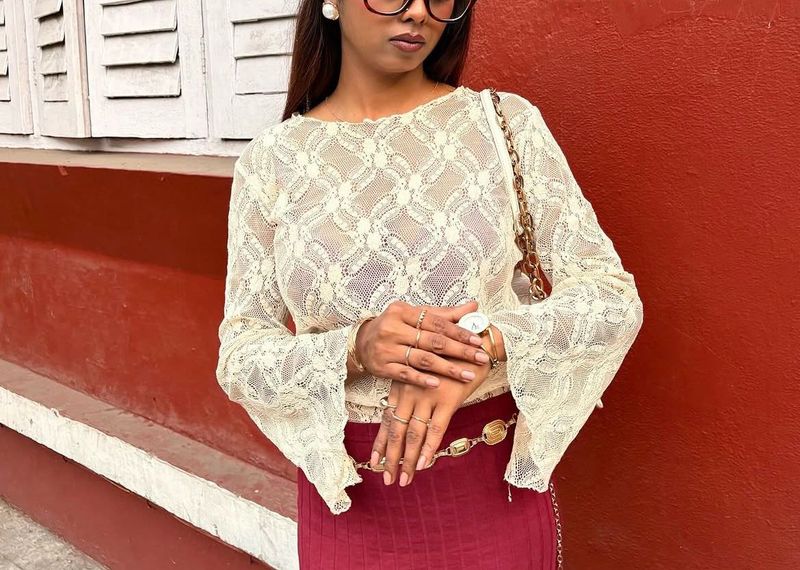 Sheer Lace Bell Sleeve Top