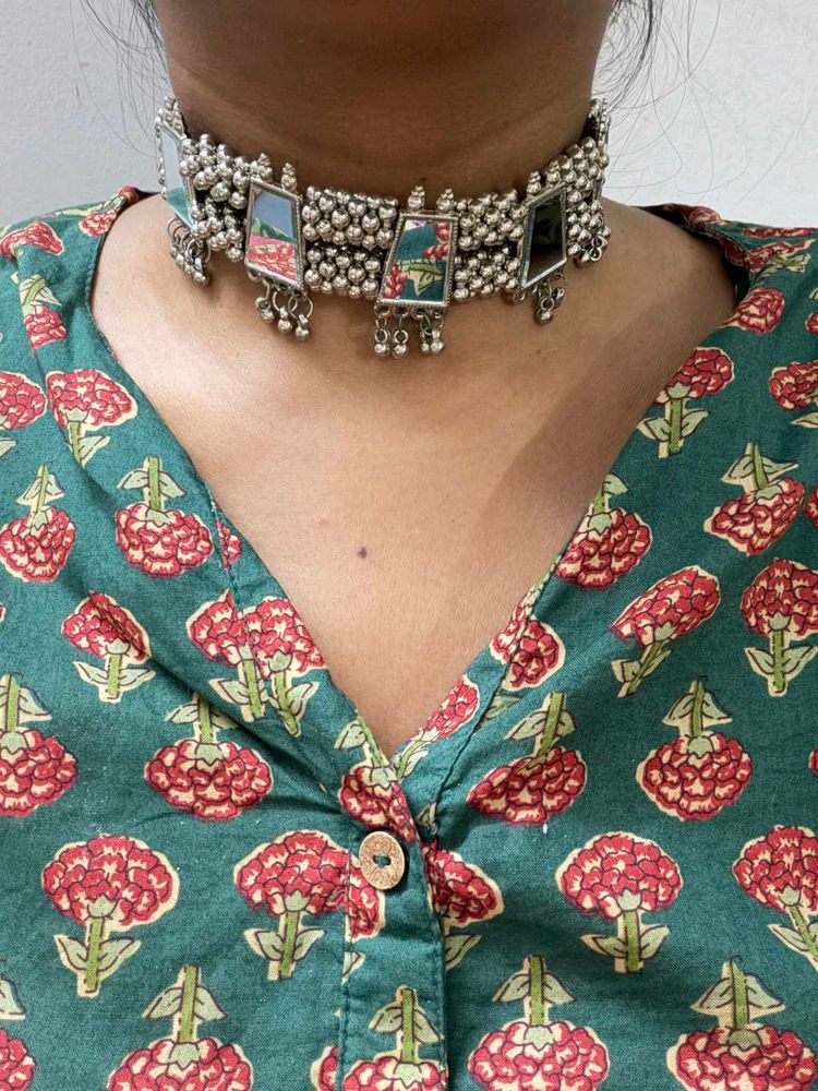 Oxidised Silver Mirror Choker Set