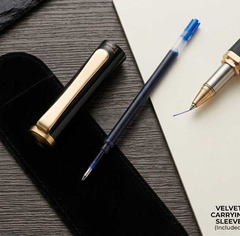 Elegant Black and Gold Pen with Velvet Sleeve