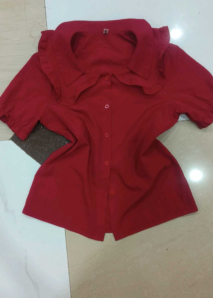 Chic Red Ruffled Collar Blouse