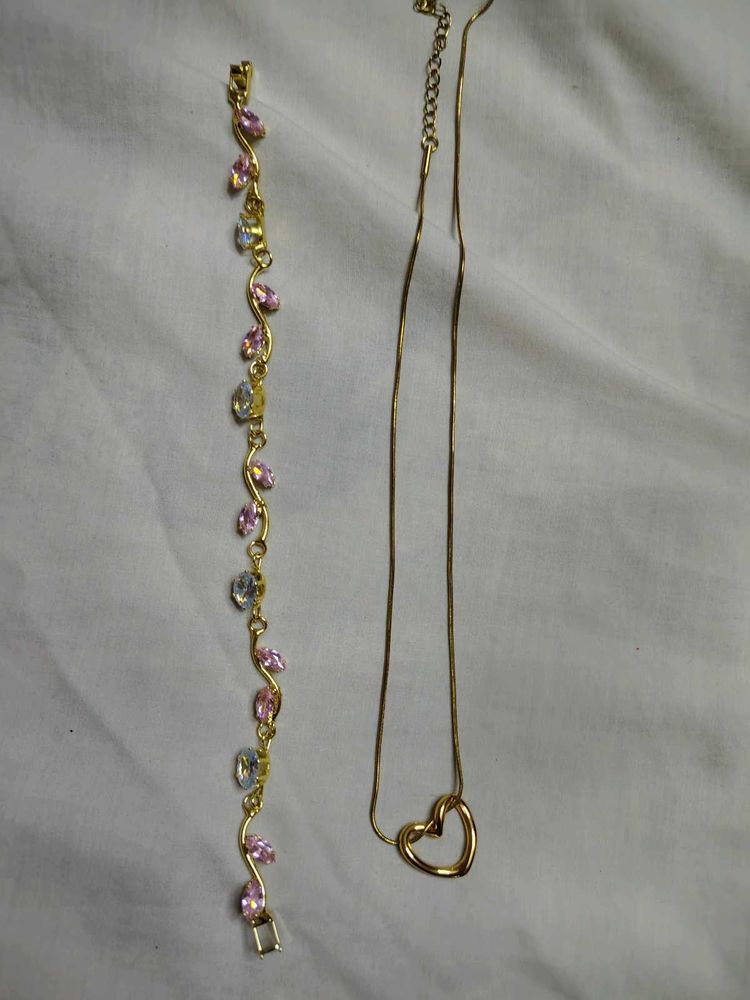 Gold Tone Bracelet and Heart Necklace Set