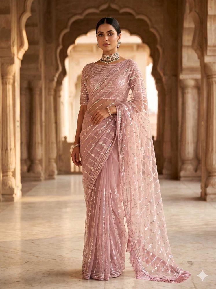 Elegant Sequined Pink Saree With Unstiched Blouse