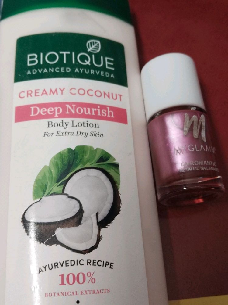 Body Lotion Biotique and nail Polish my glamm