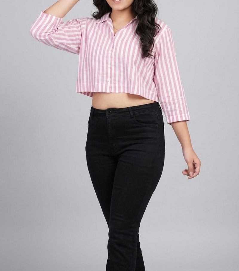 Pink Striped Cropped Oversize Shirt