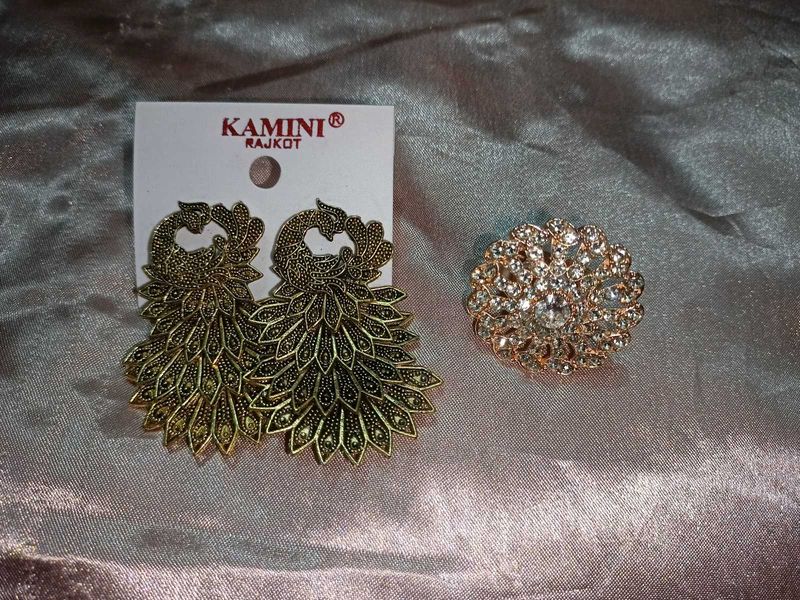 ✨🦚Antique Peacock Earrings +💍 Crystal Ring &amp; Ear