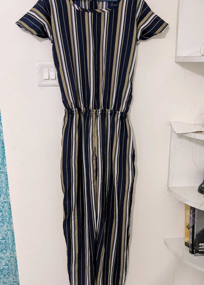 Navy Blue and Beige Striped Basic Jumpsuit
