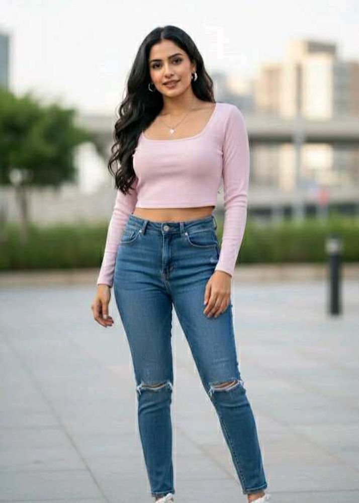 Pink Ribbed Long Sleeve Crop Top