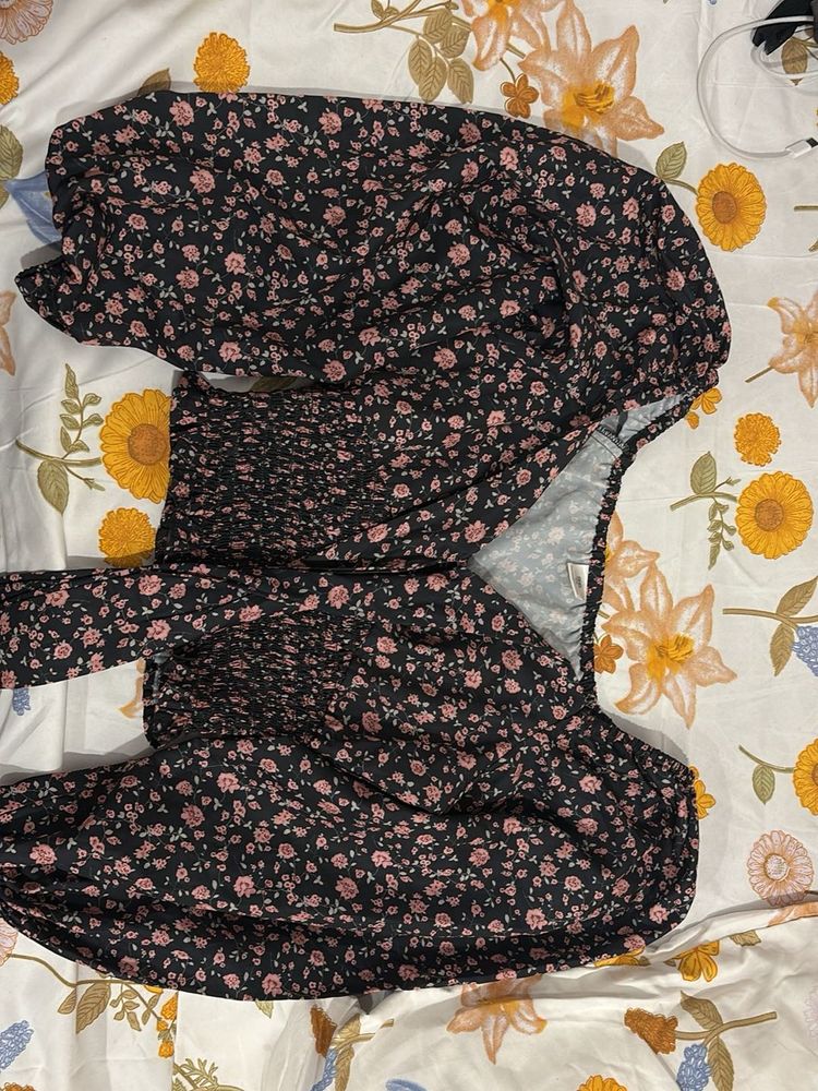 Smocked Floral Print Long Sleeve Top