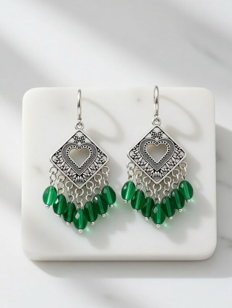 Bohemian Dangle Earrings with Green Beads