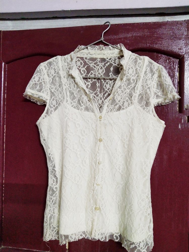 Cream Lace Button-Up Short Sleeve Blouse
