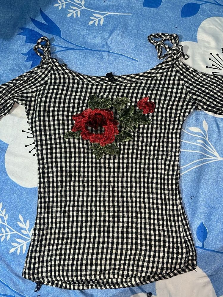 Black &amp; White Gingham Cold Shoulder Top