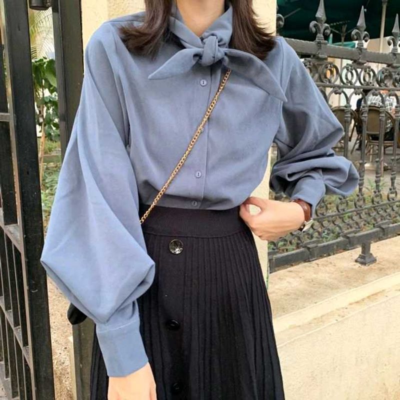 New with tag Korean Puff Blue Collared Button-Up S