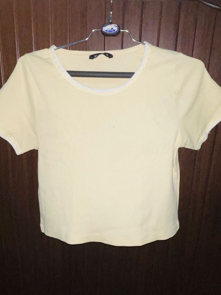 butter Yellow Lace Trim Crop Top