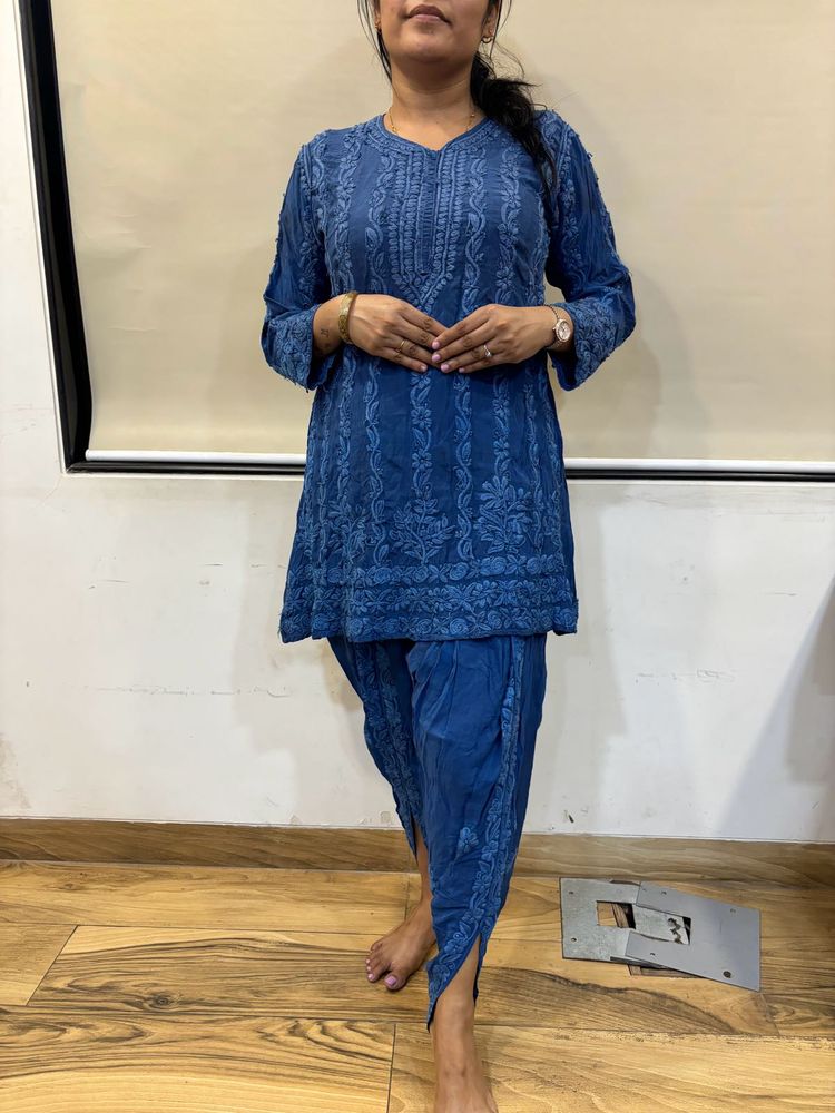UNIQUE Chikankari Blue Short Anarkali Co-ord Set
