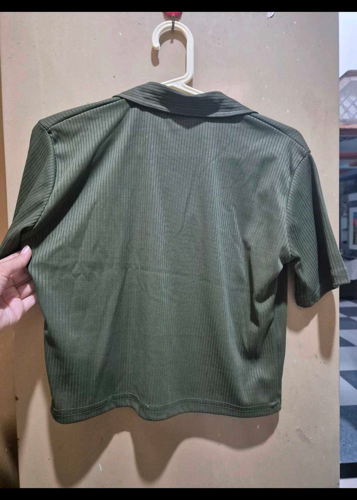 Olive Green Ribbed Top With pants(coord Set)