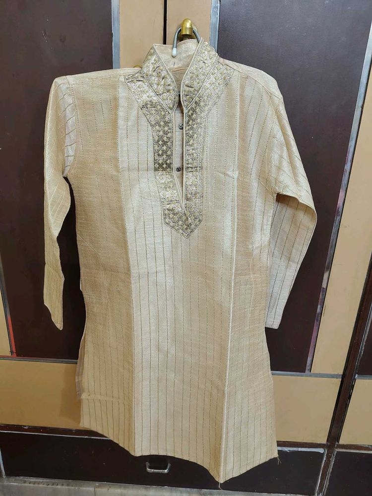 Men's Beige Embroidered Kurta