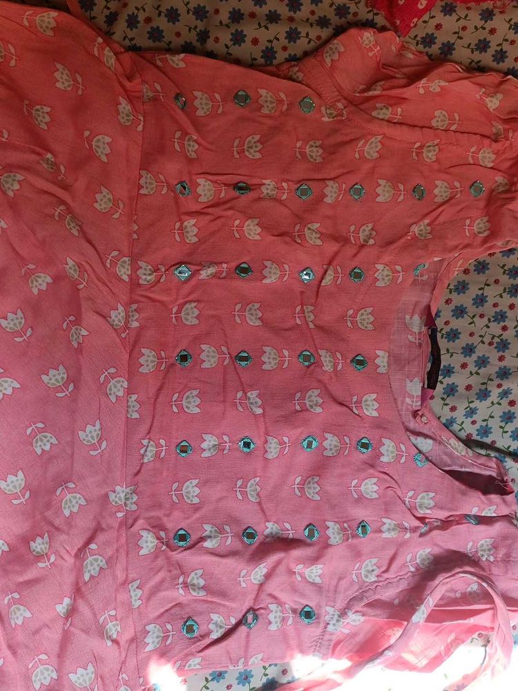 Pink Printed Kurta with Mirror Work