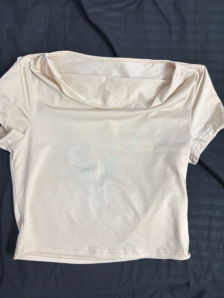 Beige Cowl Neck Crop Top