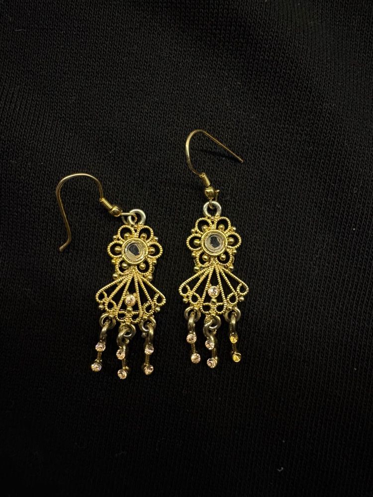 Golden Ethnic Earrings with Pink Stones