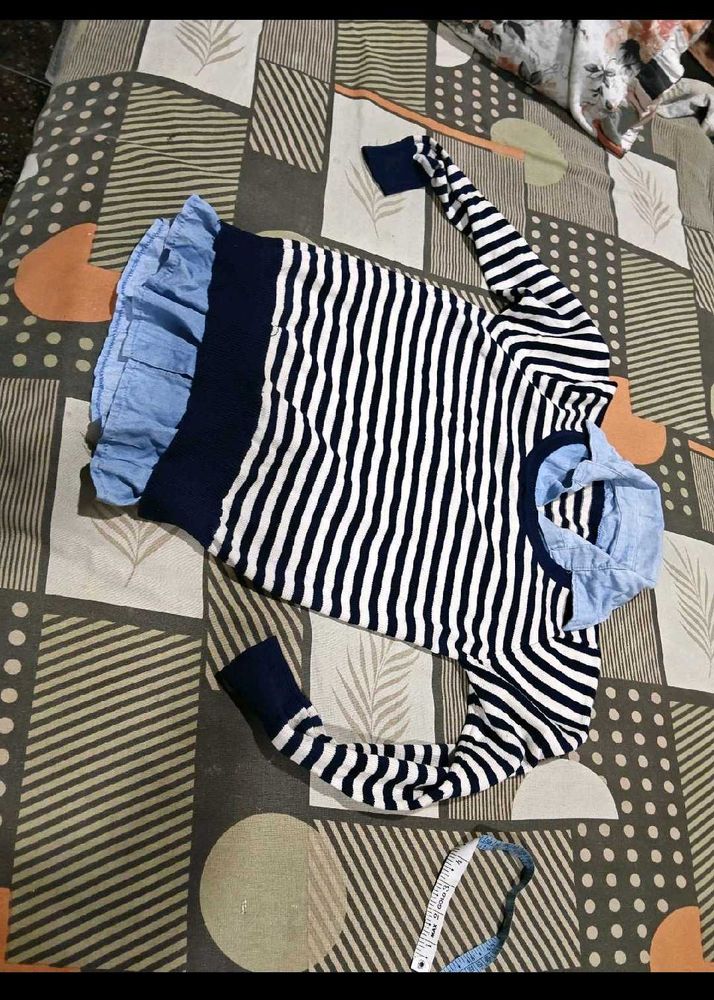 Striped Ruffle Hem Top winter collar