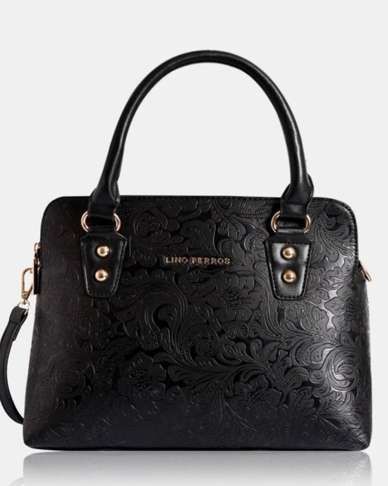 Embossed Floral Black Handbag