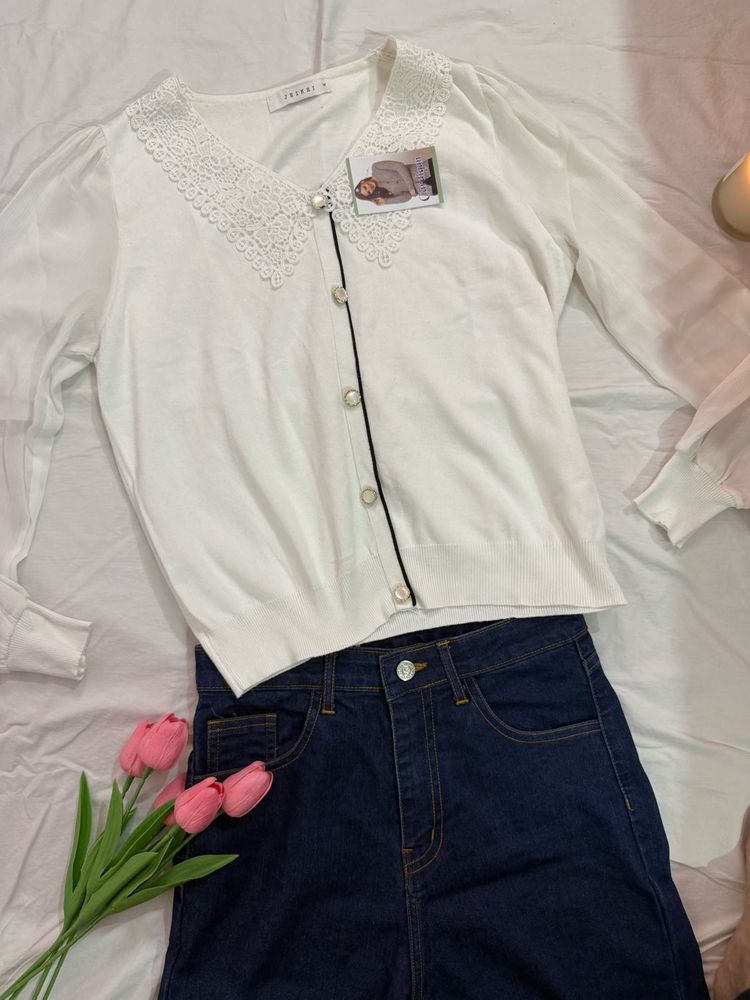 White Lace Trim Cardigan with Sheer Sleeves