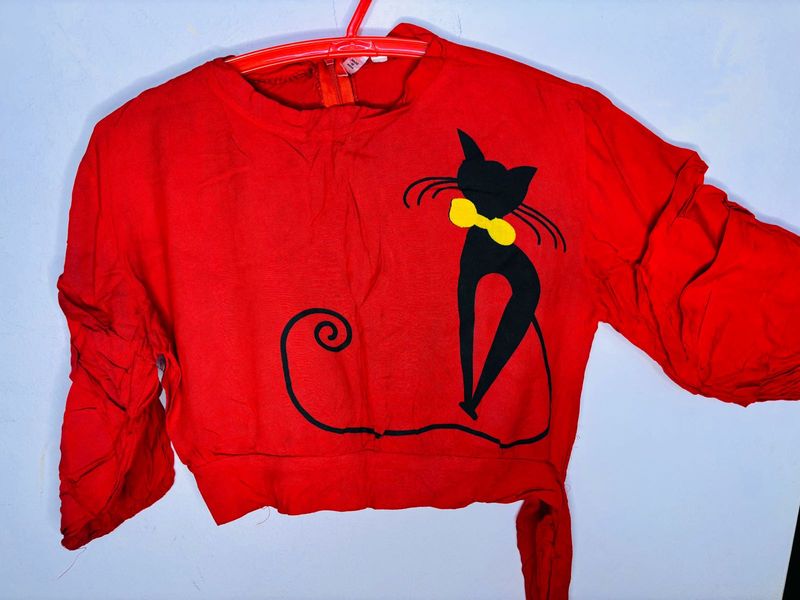 Cute Cat Print Red Top 🍓🐈‍⬛