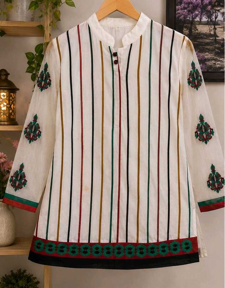 Green red striped short white kurti