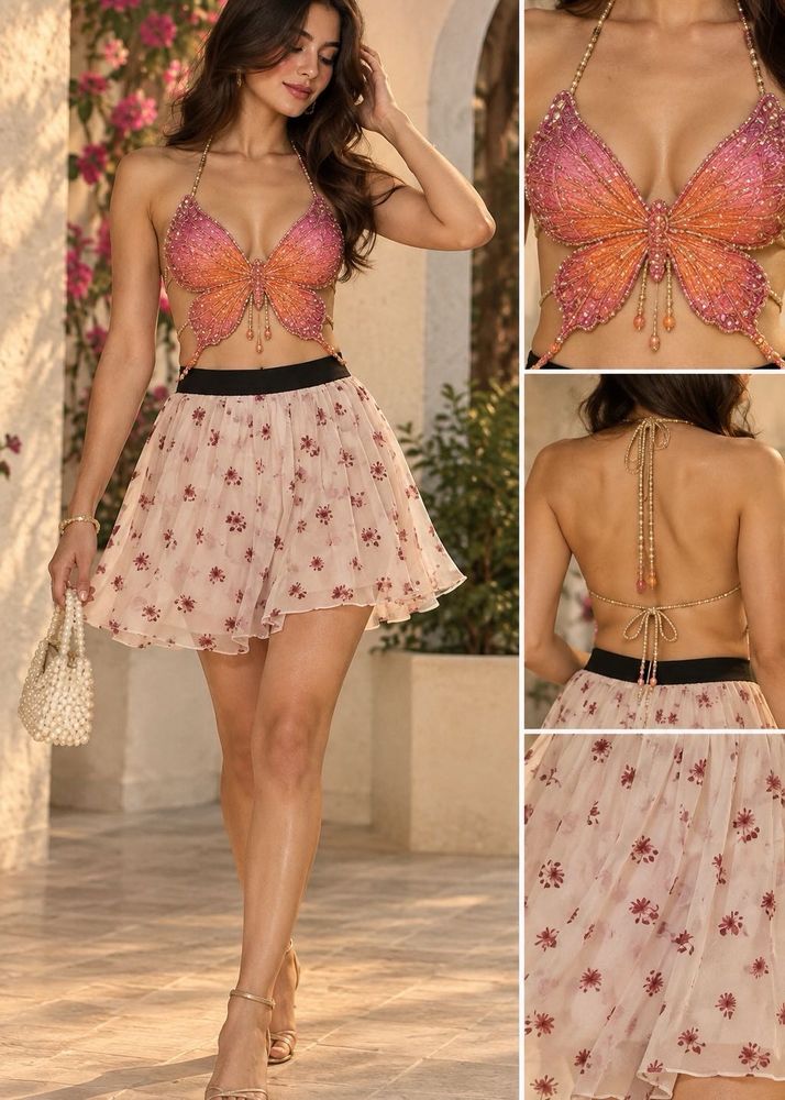 Pink mini skirt beach wear