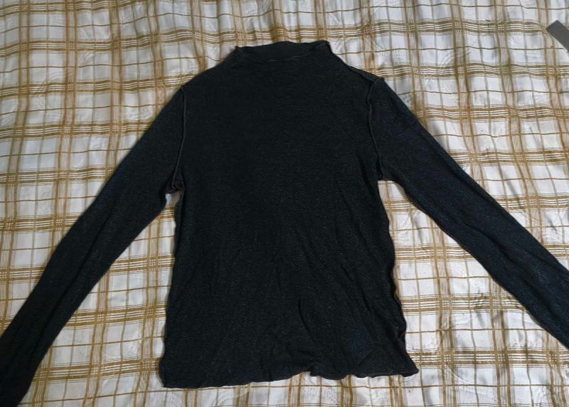 black shimmer Mock Neck Long Sleeve Top