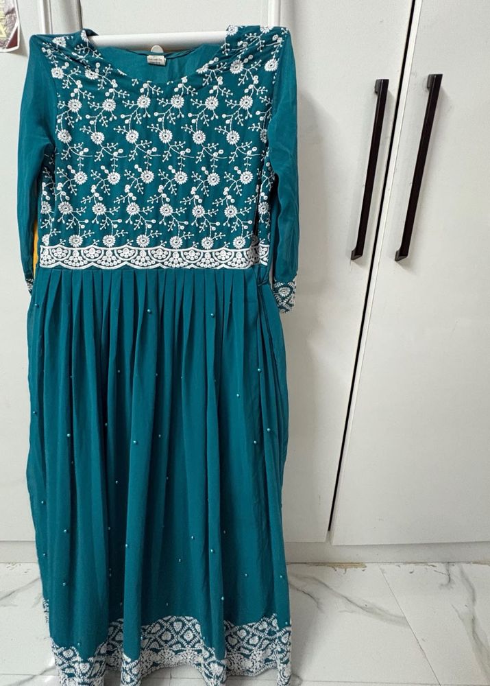 Elegant Teal Embroidered Ethnic Gown