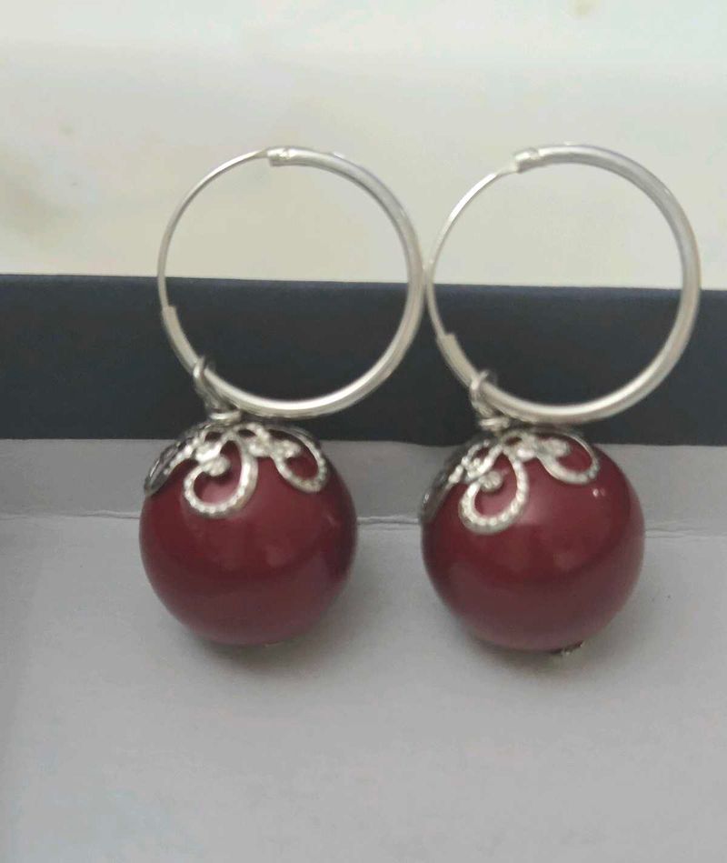 Burgundy Ball Hoop Earrings 925 silver
