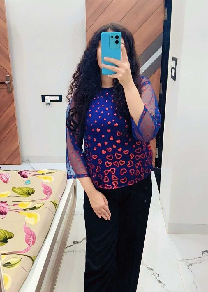 Chic Blue Heart Print Mesh Top