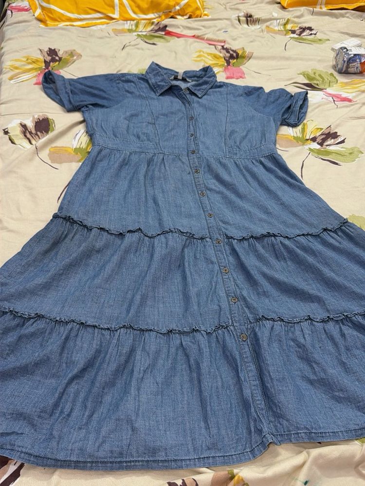 Blue Denim Tiered Midi Dress