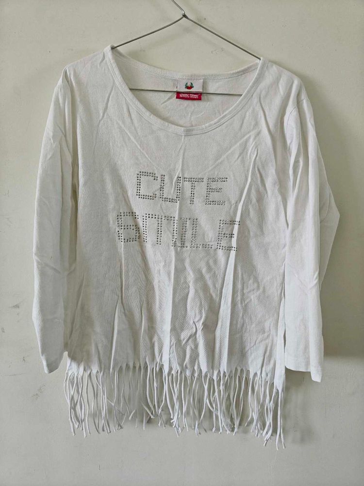 White "Cute Smile" T-Shirt with Fringe
