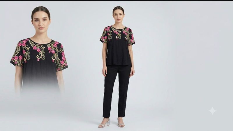 Boho-Chic Embroidered Yoke Black Tunic Top