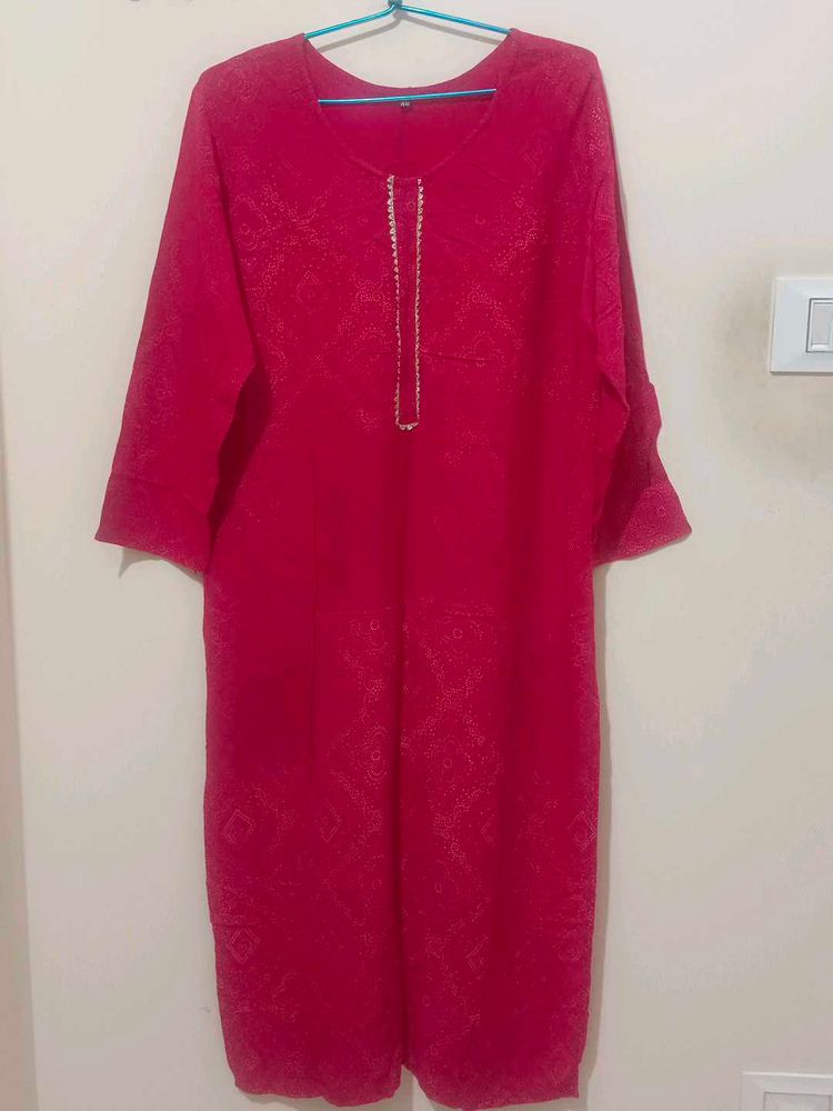 Vibrant Red Kurta with Golden Neckline