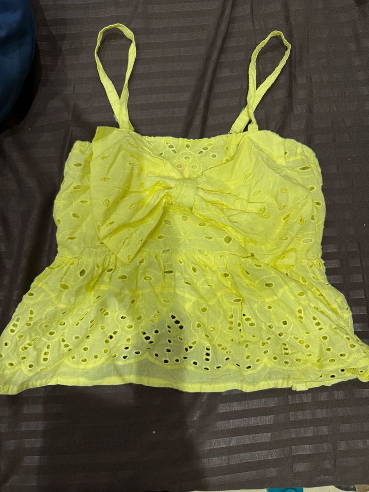 Vibrant Yellow Eyelet Bow Top