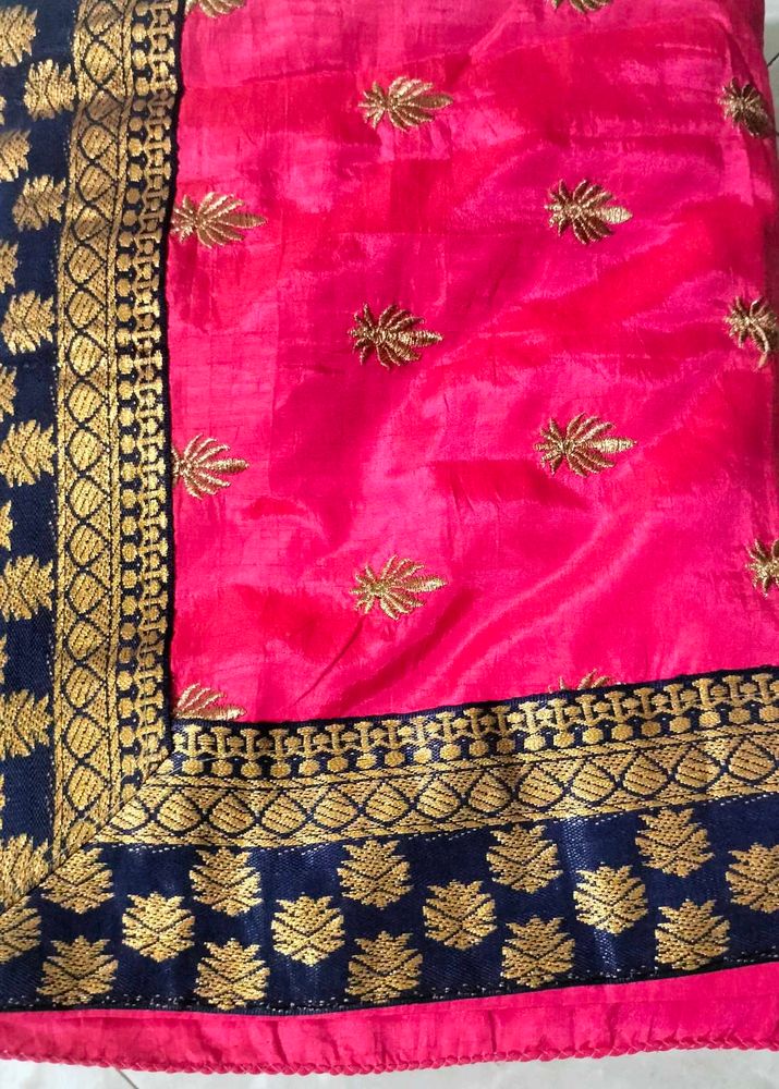 Pink Embroidery Saree with Navy blue border
