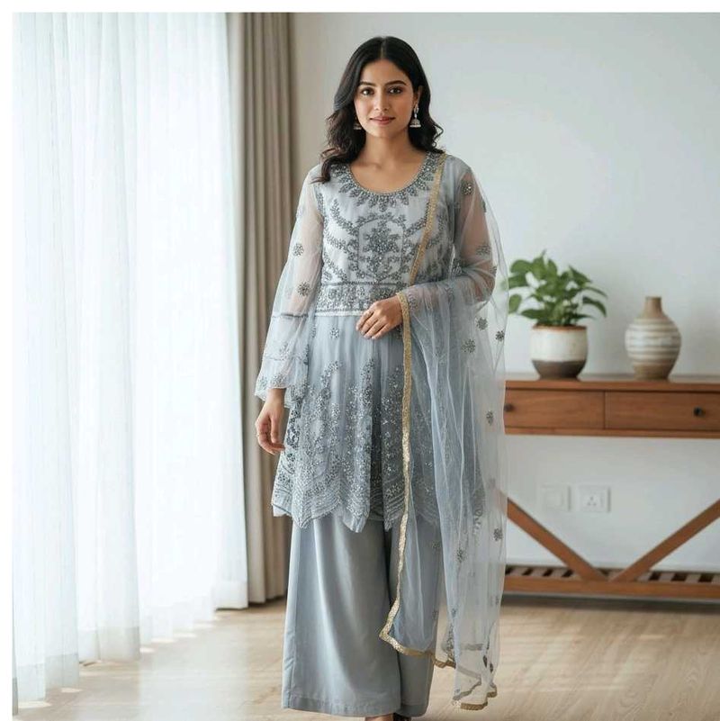 Embroidered Kurta Set with Palazzo &amp; Dupatta