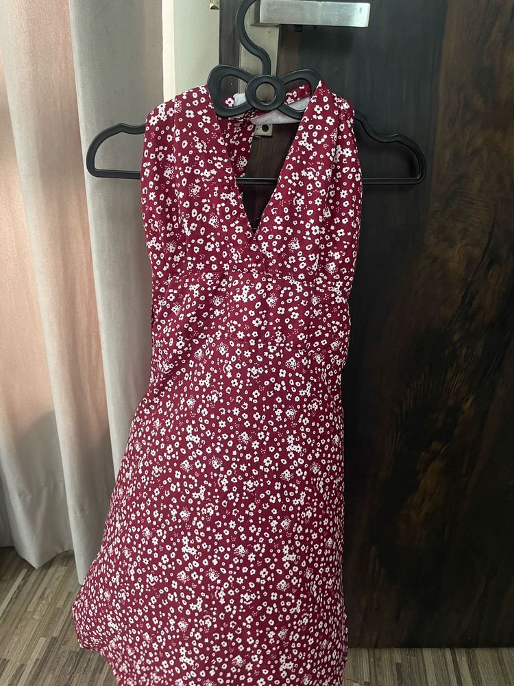 Chic Burgundy Floral Halter Dress