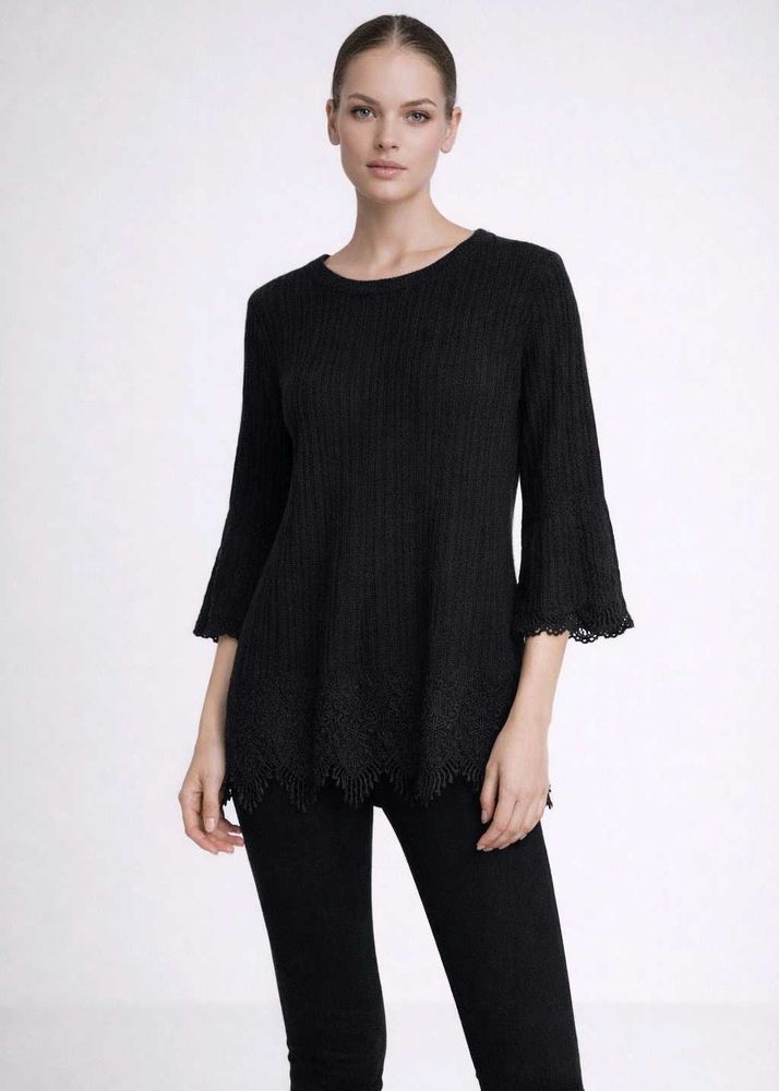 Black Ribbed Knit Tunic Top with Lace Hem