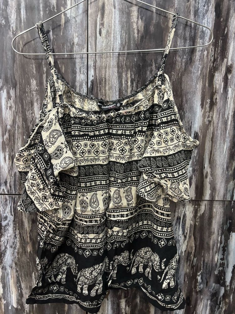 Boho Elephant Print Cold Shoulder Top