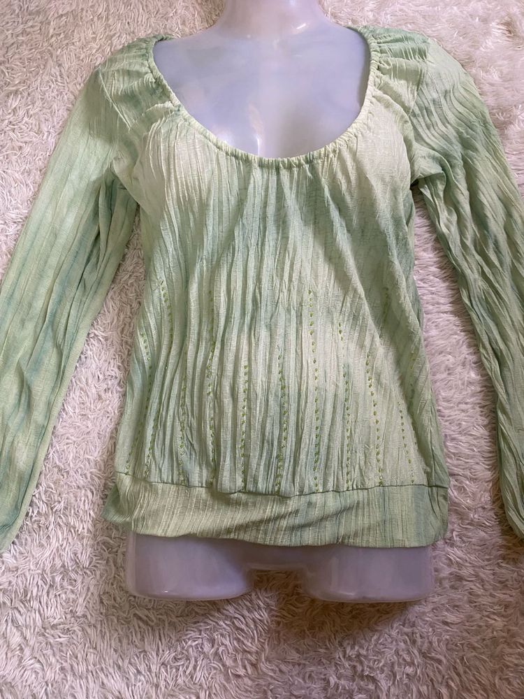 deep neck Green Textured Long Sleeve Top