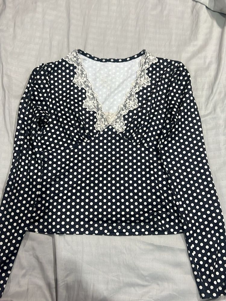 Black &amp; White Polka Dot Lace Trim Top