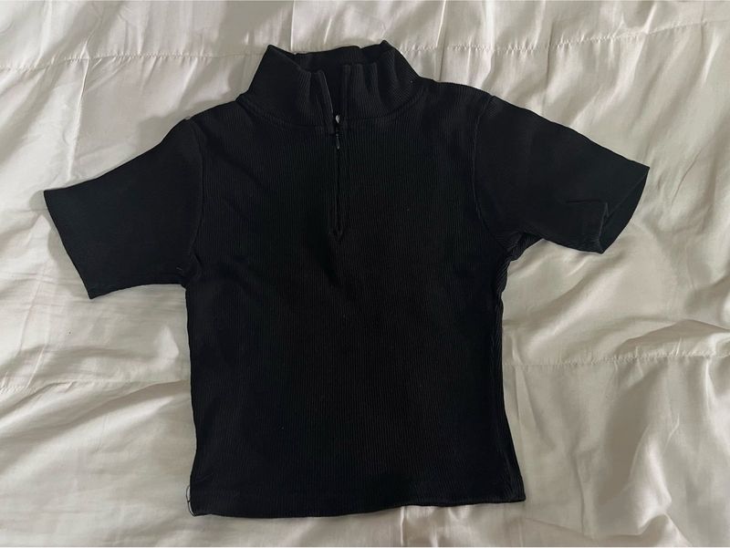 Black Ribbed Half-Zip Mock Neck Top