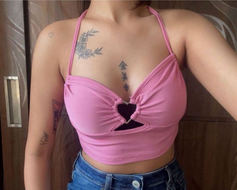 Pink Halter Neck Heart Detail Crop Top