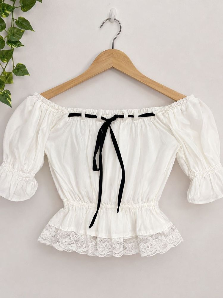 Off-Shoulder White Lace Trim Top