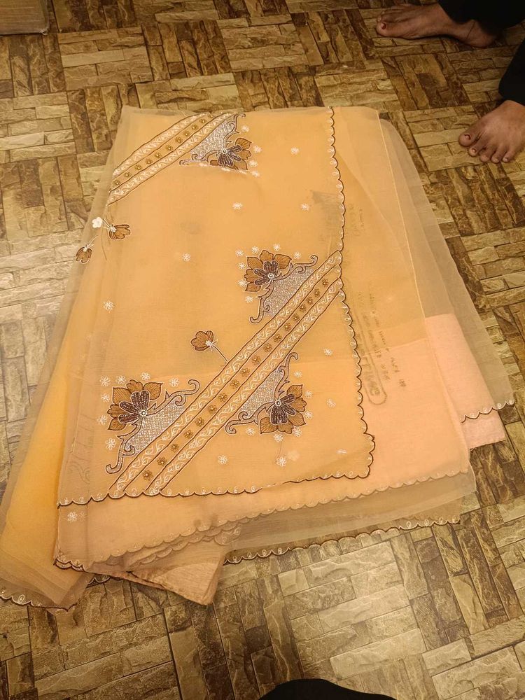 Elegant Embroidered Peach Chiffon Saree